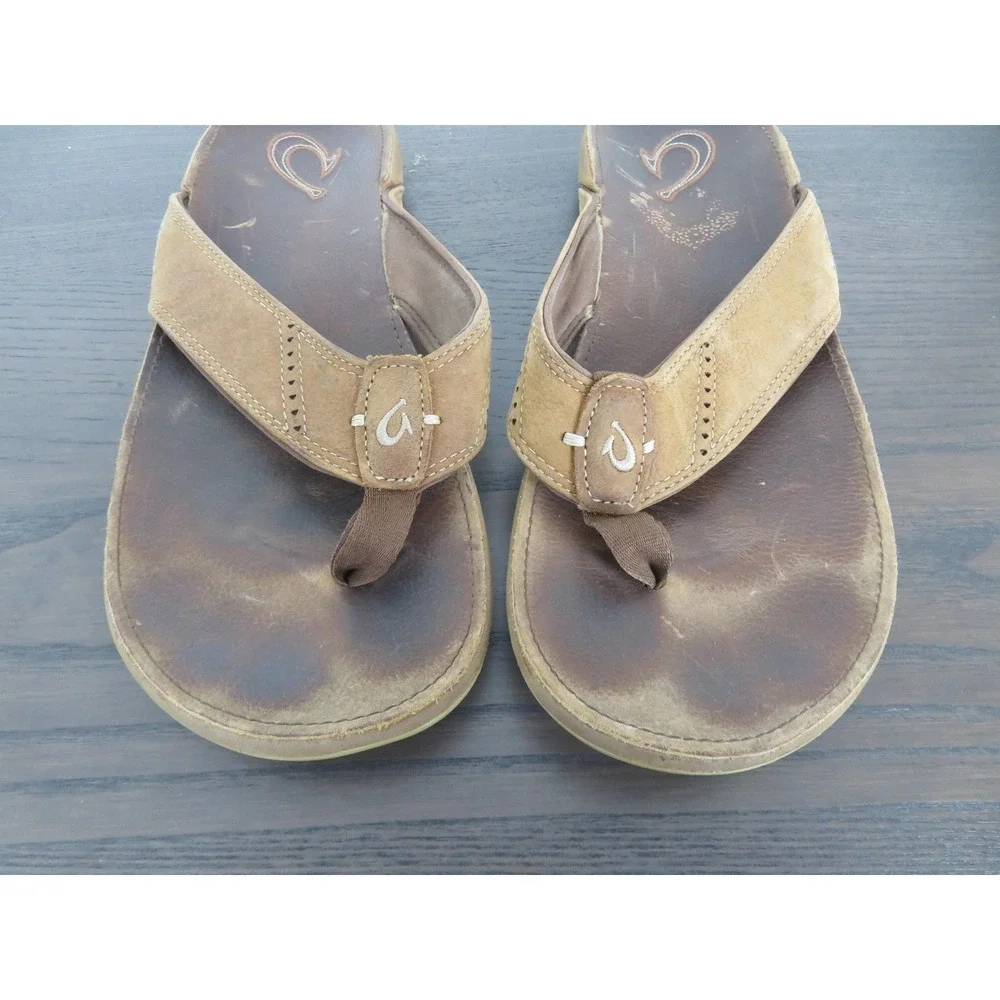 OluKai Nui Sandals Mens Size 12 Brown Leather Thong Flip Flops 10239-SKSK